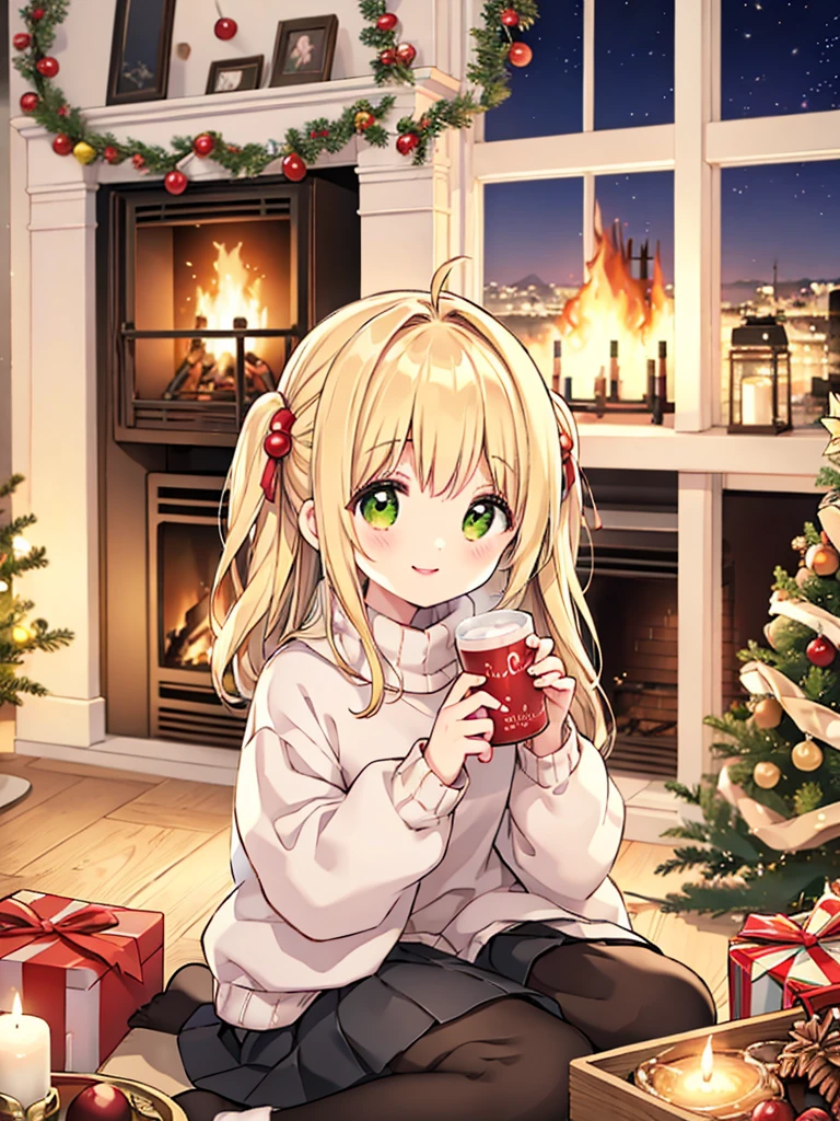 Decorate the fireplace 、 Christmas、 having fun around the fireplace、smile、 at home 、sweater、 skirt、 Had、Kotori no Shoujo 