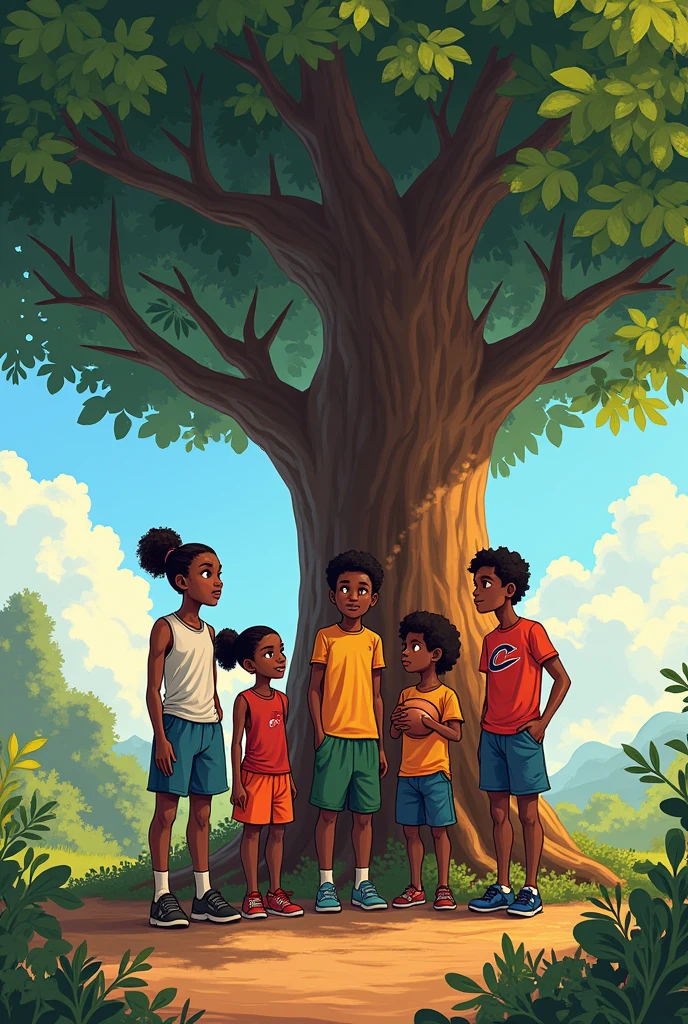 Animation of 20-year-old mulatto children with an expression of understanding reading the Bible to some children who were crying. They had broken toys in their hands and the boy with the Bible is next to a tree and behind the tree the sun appeared falling in the afternoon.