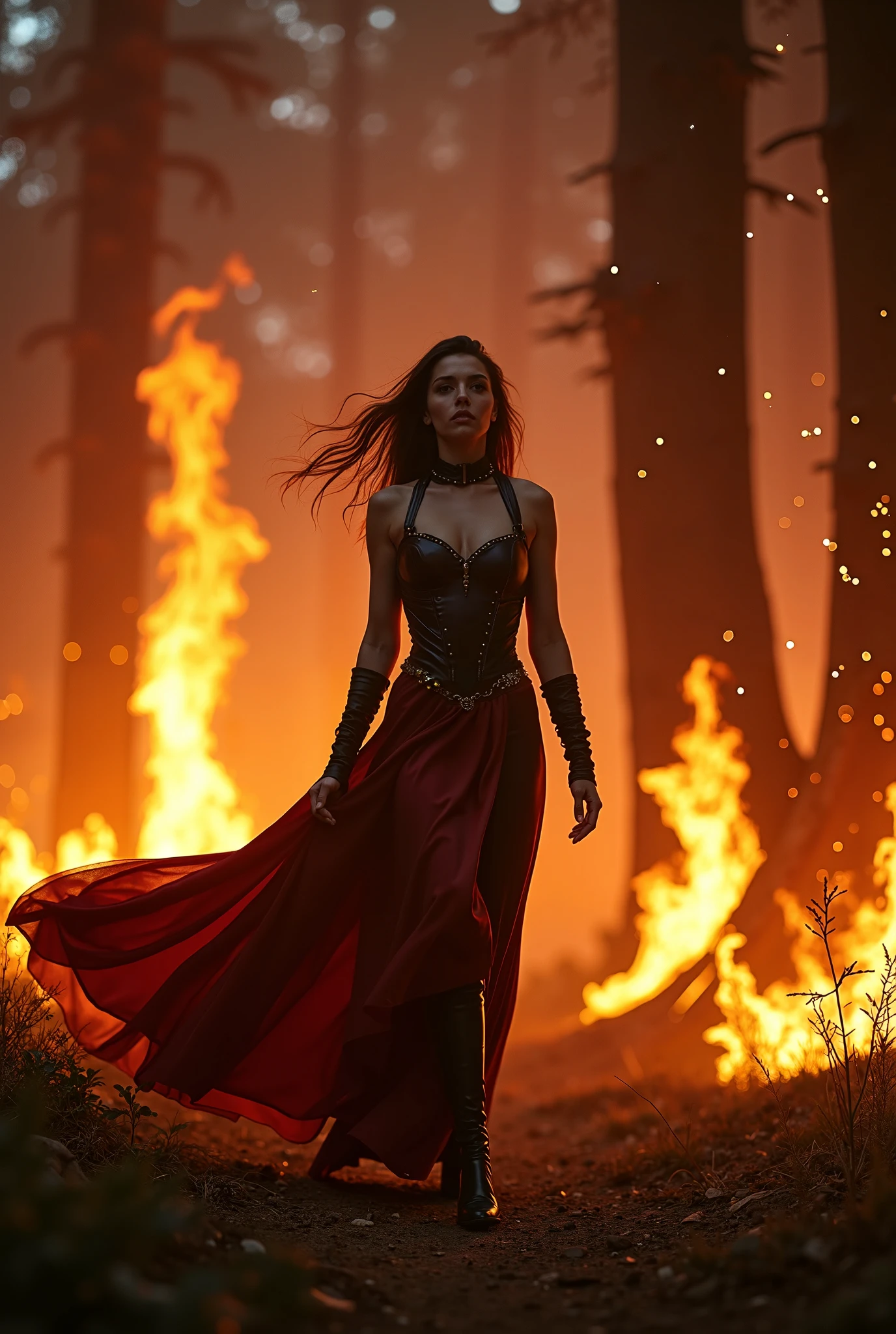 sorceress walking in long leather dress in a burning forest at night, black and dark blood red colored dress, huge fire:1.2, huge forestfire:1.2, high temperature fire:1.2, inferno:1.2, beautiful face:1.1, fit girl, 20 years old, perfect anatomy, large breasts:1.2, angry face, determined, unpredictable, gloves, sorceress:1.2, female mage:1.2, powerful mage:1.2, fireflies:1.2, bokeh:1.2, burning forest in the background:1.2, huge fire in the background, hallway of fire in the background