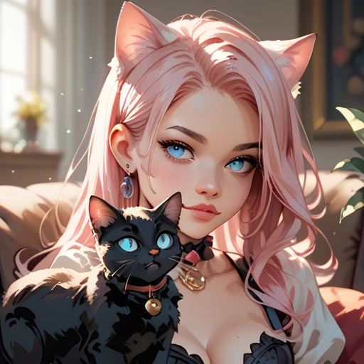 Girl with cat, Black Cat, Pink hair Blue eyes, Avatar