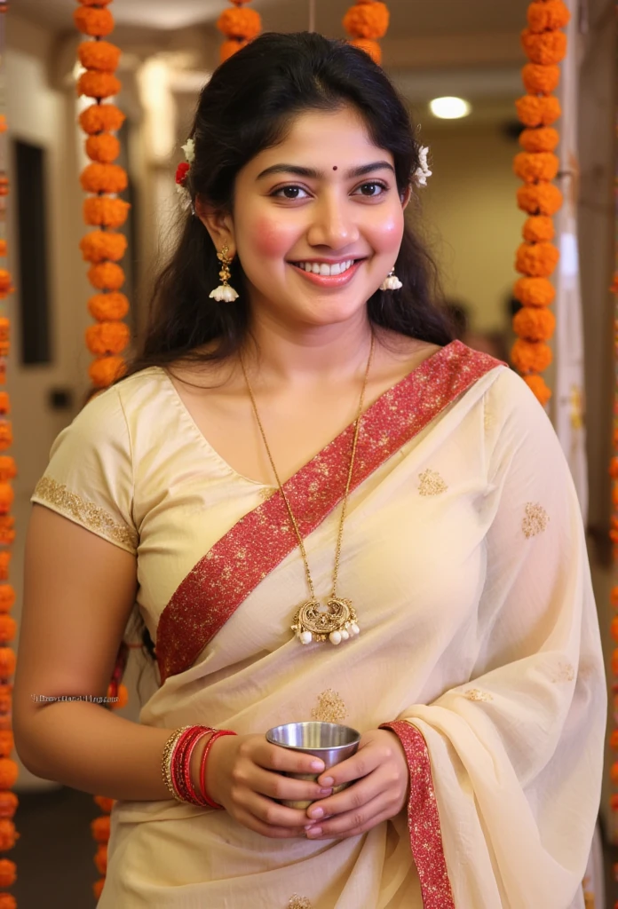 "Create a realistic 8k image of a traditional Indian woman dressed in an elegant cream transparent saree with a rich red border showing deep navel. She is adorned with traditional gold jewelry, including a necklace with pendants and matching earrings, and has jasmine flowers in her neatly tied hair. Her wrists are decorated with red glass bangles, and she holds a silver tumbler in her hands with a serene smile. The setting is a festive indoor environment with hanging flower garlands in the background, exuding a warm and celebratory atmosphere. The lighting is soft, highlighting her features and the intricate details of her attire."
