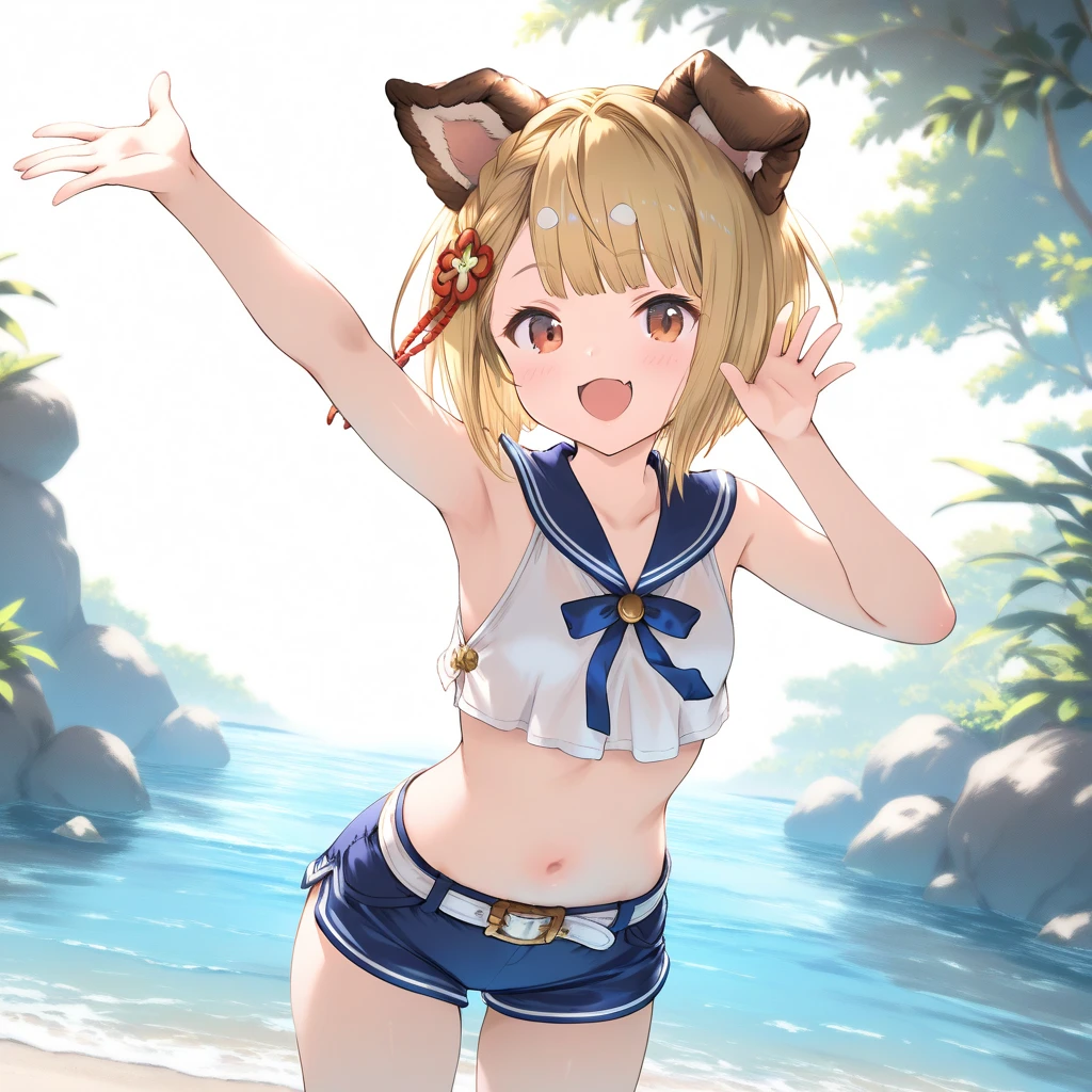 1girl, vajra_(granblue_fantasy), little female, tomboy,short hair, blonde hair, dog ears, brown eyes, beautiful detailed eyes, small breasts,sailor crop top, bikini shorts, white belt, open mouth,  (yawn:0.3),outdoors, wind, game CG break,((artist:shida_kazuhiro)),(artist:mitsumi_misato),(artist:fujiyama),,(masterpiece), (best quality), (ultra-detailed), very aesthetic, newest, beauty illustration,super detailed skin,  (masterpiece), (best quality), (ultra-detailed), very aesthetic lighting,hi res,absurd_res,2023,2024,(shaded),digital media (artwork), realistic lighting, 4k, 8k,