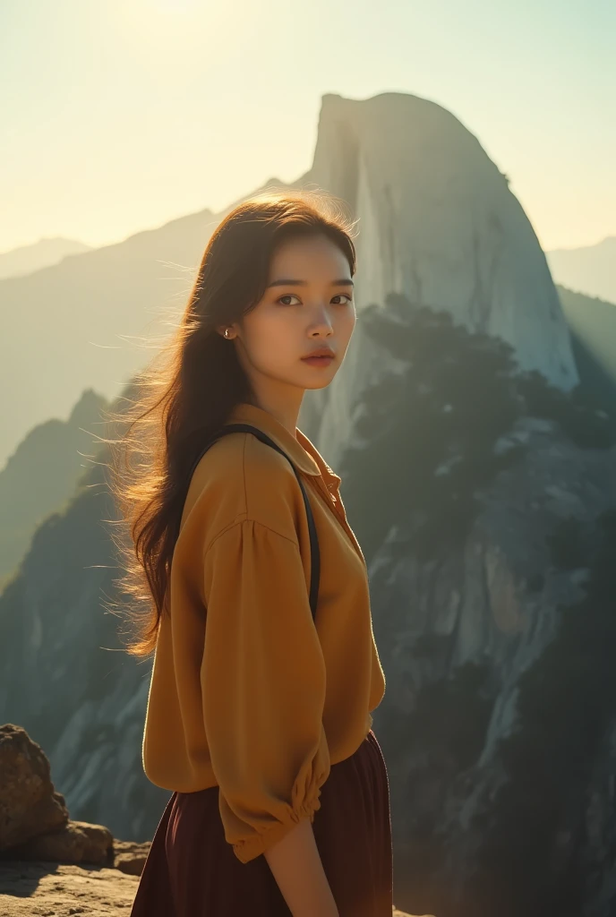 Martin time blur,Martin portrait,film photo,A girl stands at the top of a mountain, looking at the audience. The background is a high mountain, warm sunshine, high quality, detailed to the hair, solo,