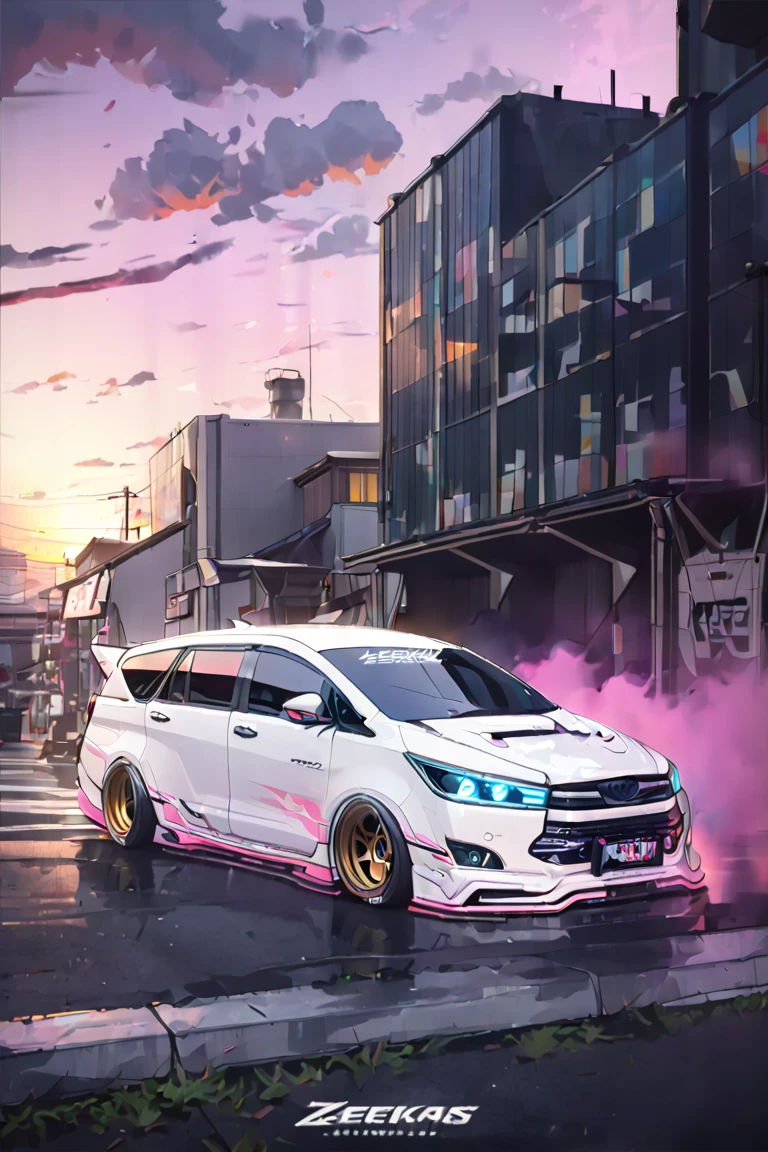 realistic, white Toyota Innova Reborn TRD,cinematic,
cyberpunk (((retro zeekars))) (with glowing rims), glowing eyes, drift,smoke tires, sunset in japan, two tone color