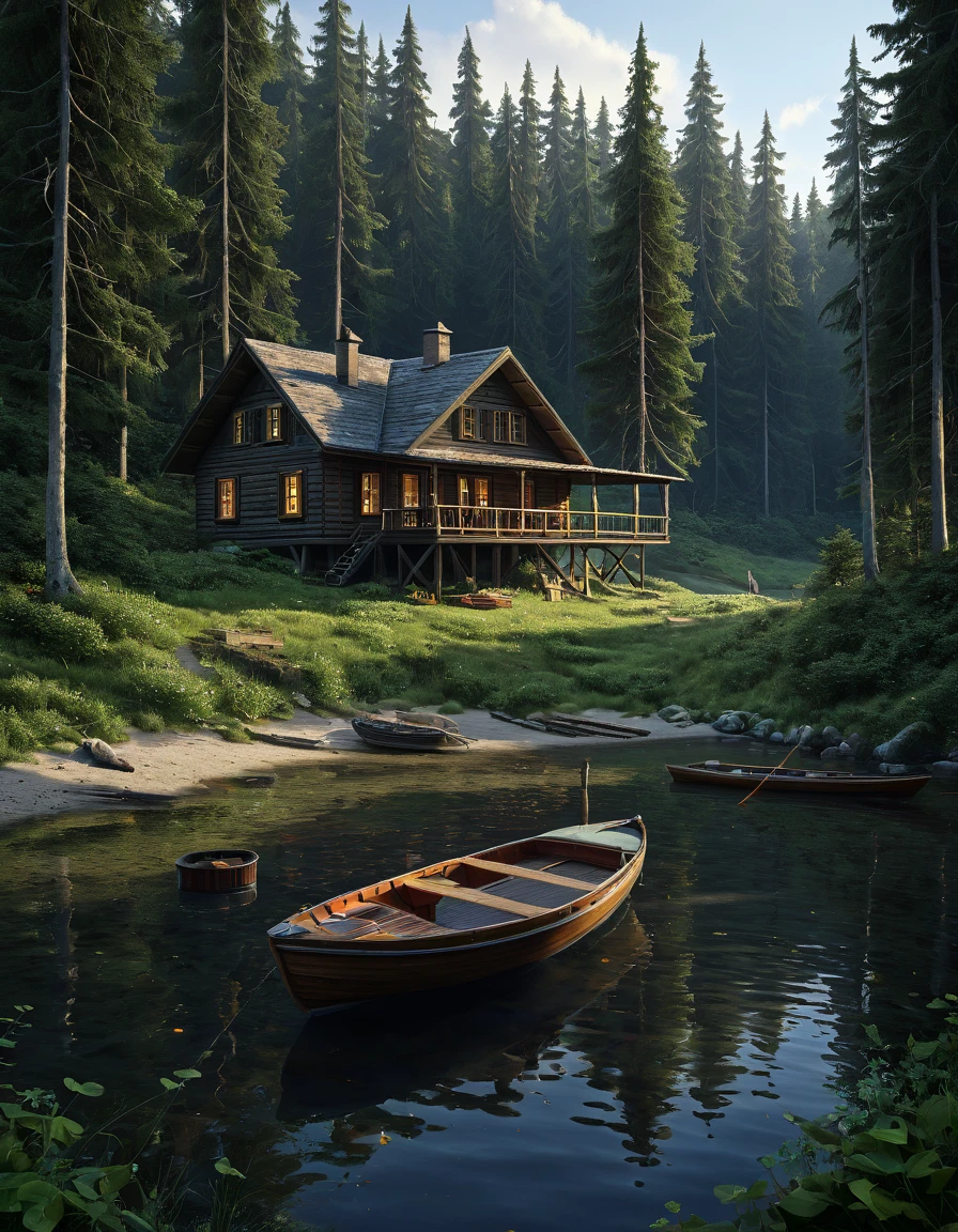 there is a boat ,  who floats in the water next to the cabin,  hut in the woods ,  3D rendering and oil painting , ,  3d matte painting rendering ,  Inspired by Gregory Crewdson ,  matte drawing Unreal Engine , одинокая  hut in the woods , photorealistic landscape ,  dark environment,  photorealistic matte painting , ultra-realistic matte painting , Красивый рендер пейзажа эстетическим стилем  realistic image, masterpiece,  artwork ,  hyperrealistic , rendering ,  realistic physical rendering ,  Photorealistic rendering ,  highly detailed ,  high-quality render ,  architectural rendering ,  very realistic 3D render ,  realistic image,