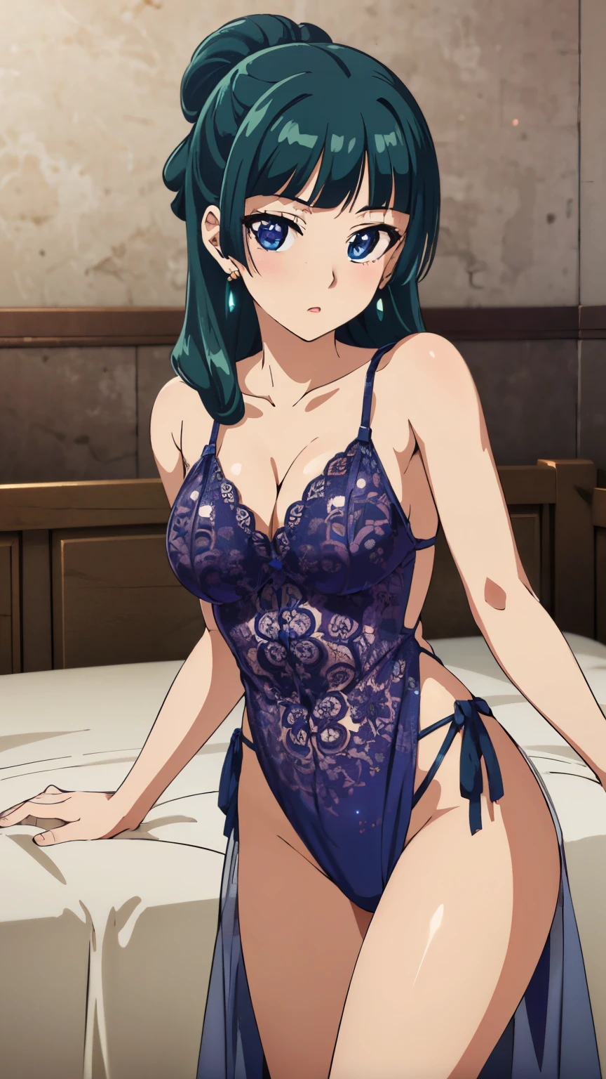 Top quality (8k, high resolution, masterpiece: 1.2), super detailed, anime art style, dynamic angle, (lace_bodysuit_sar_ski, spaghetti strap, sleeveless, thong cut, sheer, long sarong skirt, thighs, blush, bed, Indoors), detailed green hair, detailed blue eyes, intricate hairstyle, long hair , slim body, sparkling eyes, youthful, hair accessories, earrings, half-updo, slightly dull bangs, detailed lighting, bright colors, looking at the viewer, in the center of the image, cowboy shot,