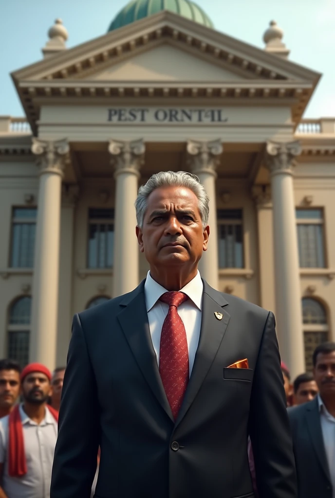 (close-up portrait of a indian lawyer 45 year old man near Indian flag ) (background office, classical furniture, Indian flag in table, Indian low statue, court hammer ) (dark and moody light:1.2)