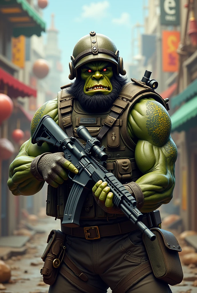 original, masterpiece, best quality, official art, painting, a gorilla ganster looking wearing army jacket, guns, ready to fight in a war seting , night fire for lights