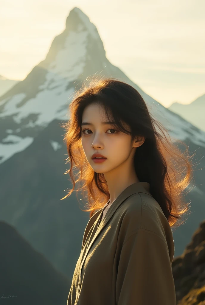 Martin time blur,Martin portrait,film photo, A girl stands at the top of a mountain, looking at the audience. The background is a high mountain, warm sunshine, high quality, detailed to the hair, solo, and the background is dynamically blurred