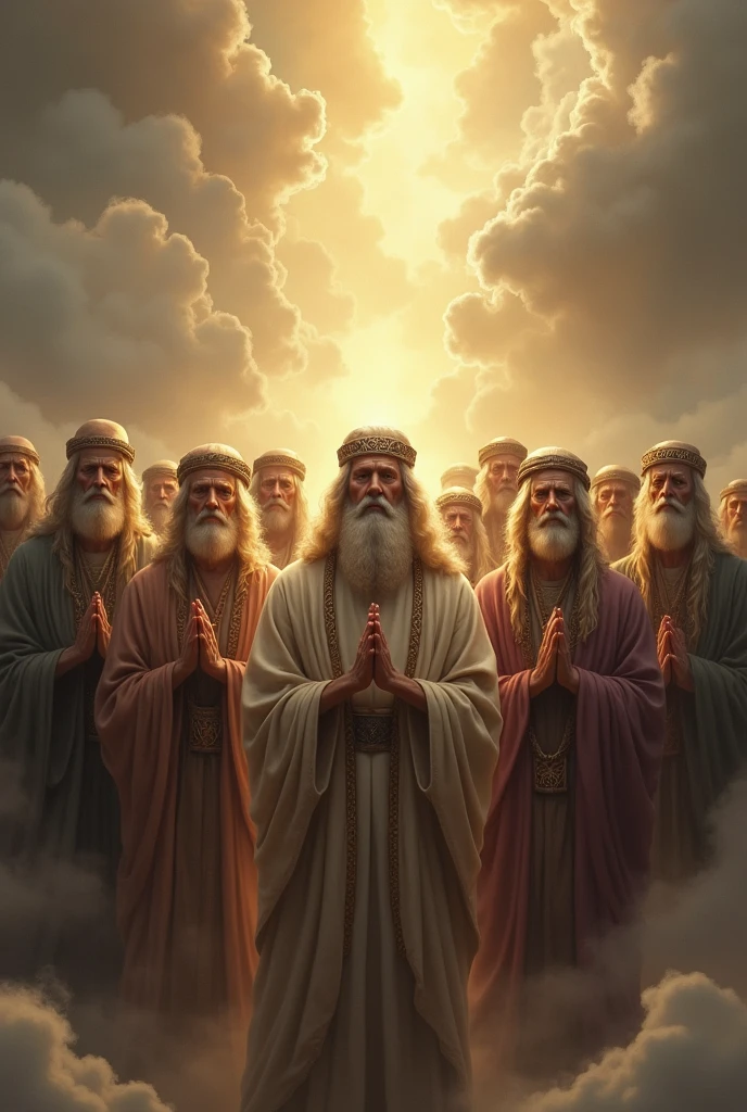 create a cinematic image of prophets from biblical times in priestly vestments holding glowing golden scrolls I want figures in the background that have to do with apocalyptic biblical prophecies by Daniel Ezekiel Isaiah
