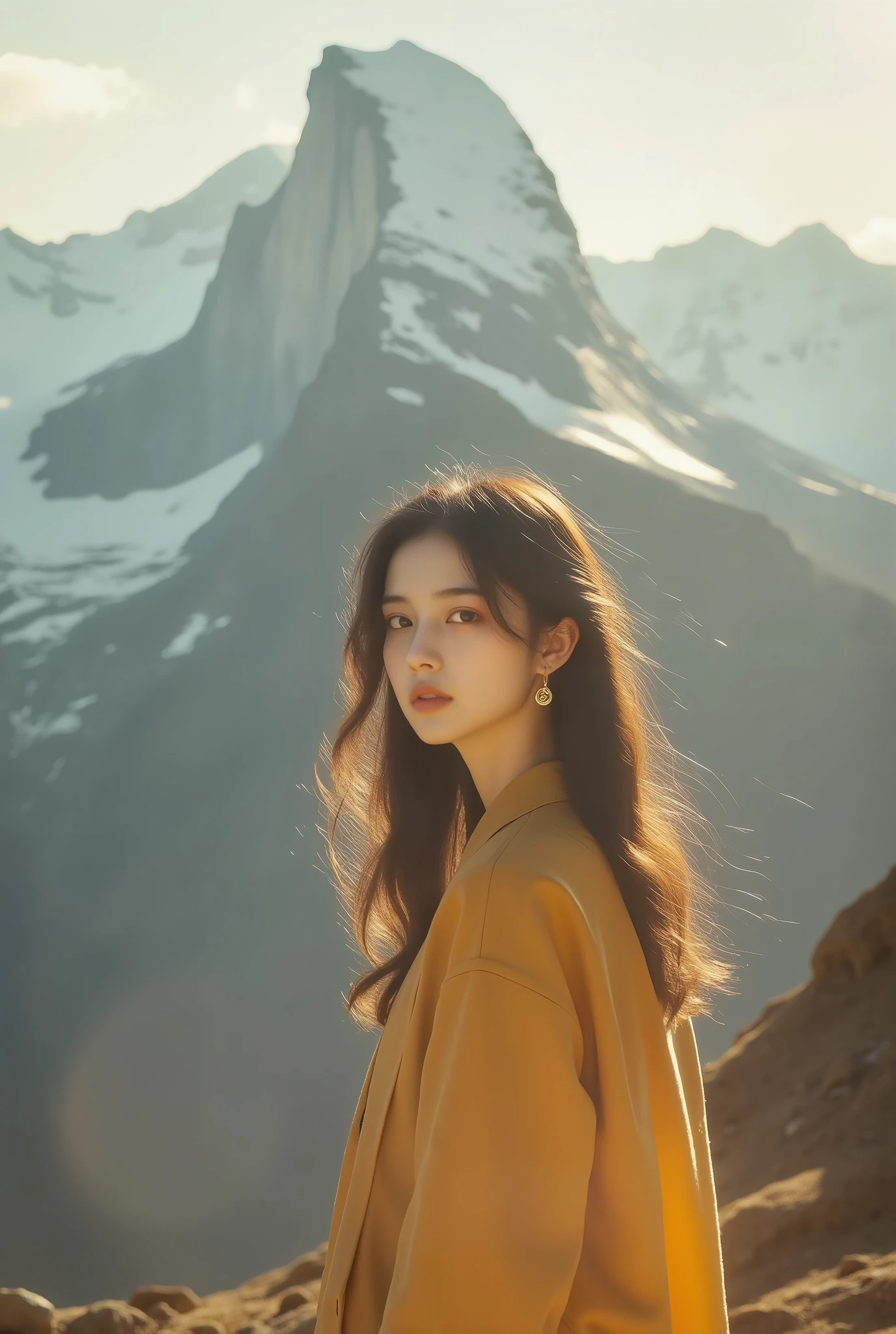 Martin time blur,Martin portrait,film photo, A girl stands at the top of a mountain, looking at the audience. The background is a high mountain, warm sunshine, high quality, detailed to the hair, solo, and the background is dynamically blurred