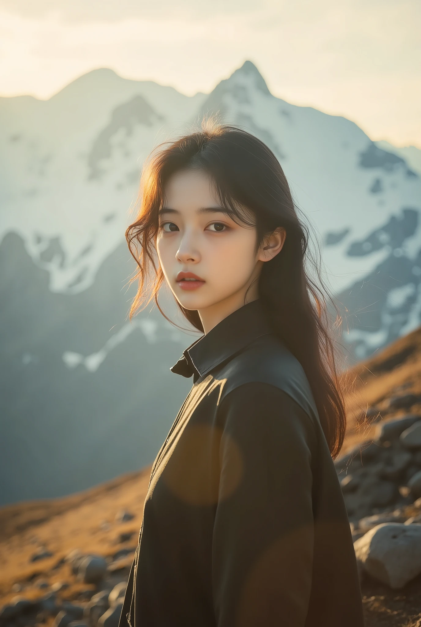 Martin time blur,Martin portrait,film photo, A girl stands at the top of a mountain, looking at the audience. The background is a high mountain, warm sunshine, high quality, detailed to the hair, solo, and the background is dynamically blurred