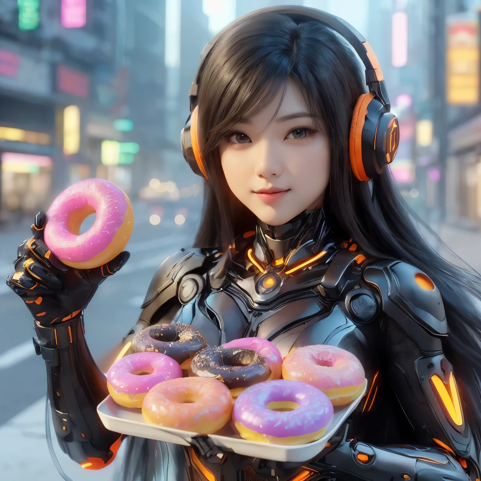 Robot girl woman with beautiful face sitting and eating mukbang .yummy . Lolita. Girl 18.