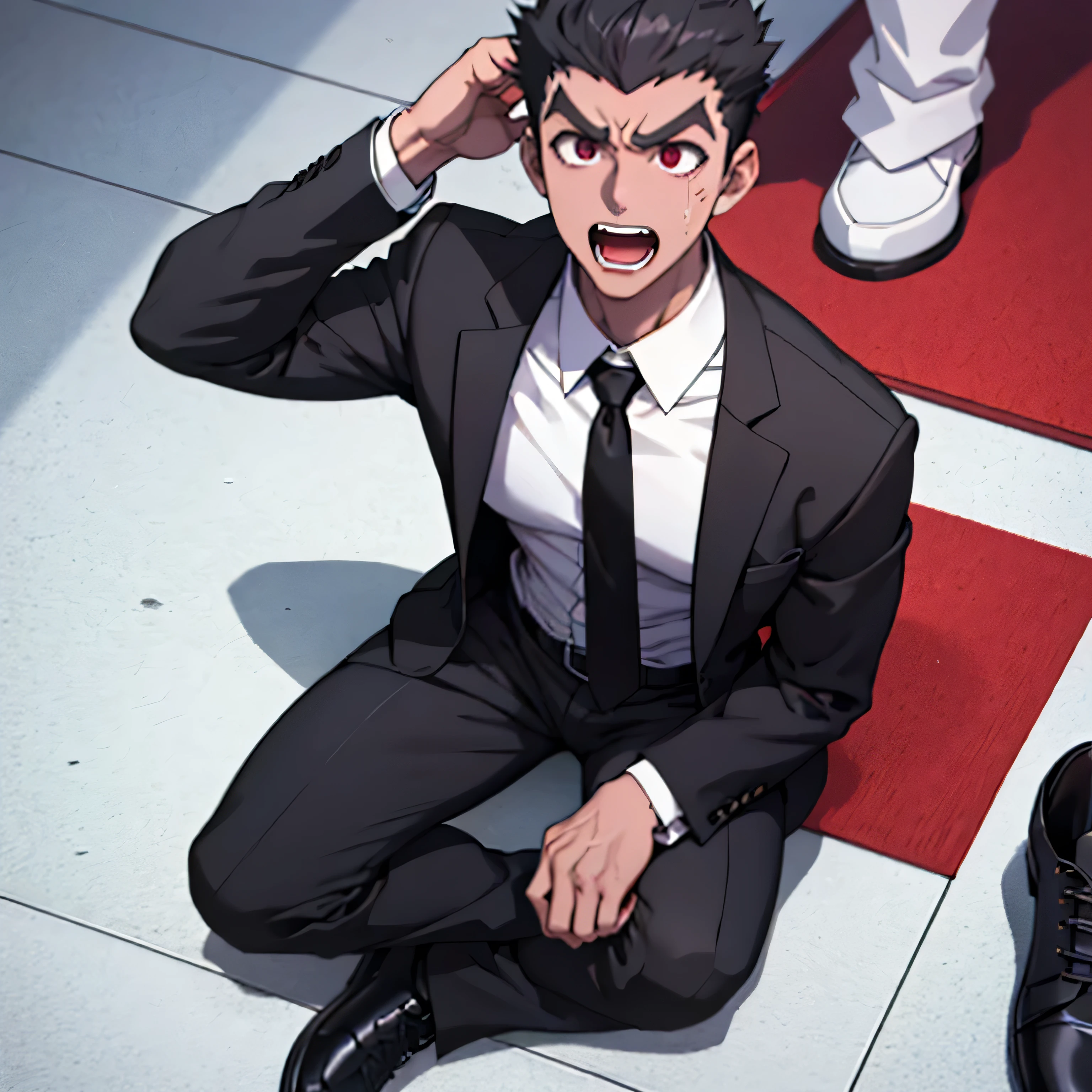 Age 25,, simple black suit、 white shirt、 Maroon Necktie,  black slim pants 、 lying on the ground  ,Spread your legs wider,black belt,Black socks,Black leather shoes,logic, Gay , black hair, short hair on the side of the uniform, thick eyebrows, Lightly Set Your Hair with Wax 、Masculine,salaryman,Mob characters,Bad Actor , Erotic 3D Finish ,、View from above　Suffering face、Open your mouth wide and scream　 face up　Maroon Neckties 　Screaming in agony 　