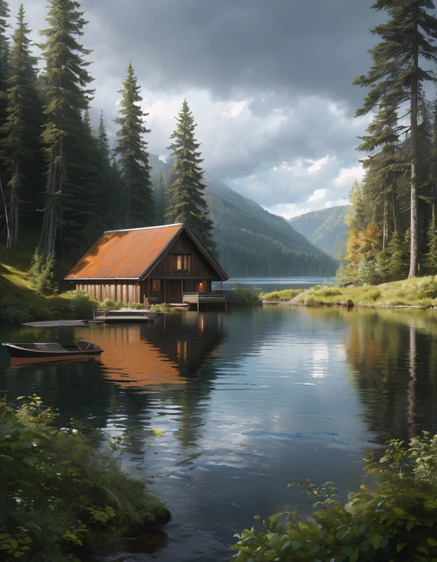 there is a boat ,  who floats in the water next to the cabin,  hut in the woods ,  3D rendering and oil painting , ,  3d matte painting rendering ,  Inspired by Gregory Crewdson ,  matte drawing Unreal Engine , одинокая  hut in the woods , photorealistic landscape ,  dark environment,  photorealistic matte painting , Ultra-realistic matte painting, Красивый рендер пейзажа эстетическим стилем  realistic image, masterpiece,  artwork ,  hyperrealistic , rendering ,  realistic physical rendering ,  Photorealistic rendering ,  highly detailed ,  high-quality render ,  architectural rendering ,  very realistic 3D render ,  realistic image,