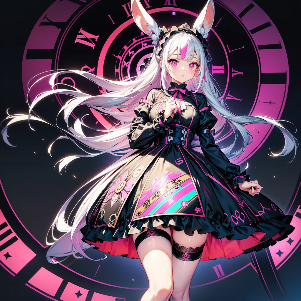  face、(((background｜Distorted Clock：1.5)))、 handsome face、  dynamic configuration 、(( perspective lens ,  woman with long milky white hair ,   dynamic pose with a calm expression ,  holding big things with both hands ,   Plush Rabbit   )) ((純粋な黒色のbackground:1.2)),Anime Style、  Detailsな目、Early 20s, shooting while moving , her long braided hair swings .  Her outfit is reminiscent of a gothic lolita, black and pink color palette , playful ., neon color line fractal art 、Super huge、whole body、  Details、 COWBOY SHOOTING 、 Alice in Wonderland 、Trump、background｜Distorted Clock：1.5、 fantasy 、 absurd、