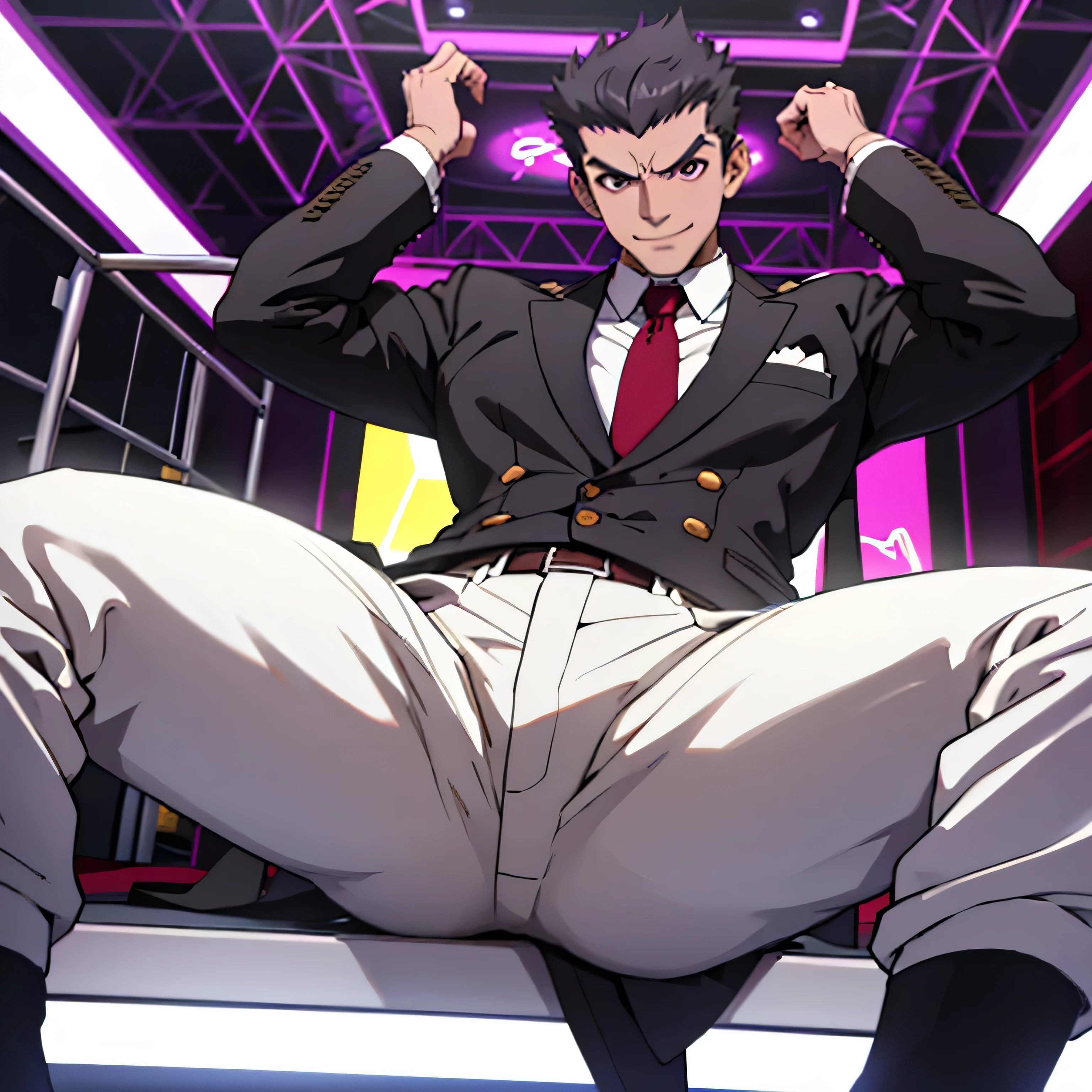 Age 25,, simple black suit、 white shirt、 Maroon Necktie,  black slim pants  ,cool battle pose、Spread your legs wider,black belt,Black socks,Black leather shoes,logic, Gay , black hair, short hair on the side of the uniform, thick eyebrows, Lightly Set Your Hair with Wax 、Masculine,salaryman,Mob characters,Bad Actor , Erotic 3D Finish ,、View from below　The villain's smile　 face up　Maroon Neckties 