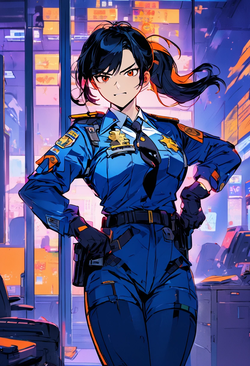 ((masterpiece, best quality by the window)),score_9, score_8_consolation, score_7_consolation, score_6_consolation, score_5_consolation, Juyuan  , dark hair ,streaked hair, Orange eyes , long hair  ponytail, 1 woman, Alone, jacket, tie, chest, gloves, police,  appeared on a white background,  looking at viewers , police Uniform,  ponytail, pants, Uniform, large chest, black gloves, shirt, policewoman, Blue jacket, laugh,  happy ,(masterpiece, best quality by the window)), animation style . 8k,  eyes shine,neon, An orange bridge is inserted,1 woman, 하늘색과 연두색이 섞인 tie, flushing, flushing, GENLESS ZONE ZERO ART STYLE, 연두색 tie, tie 아래 부분이 검은 방탄복으로 가려짐,연두색 tie, Thigh, flushing,