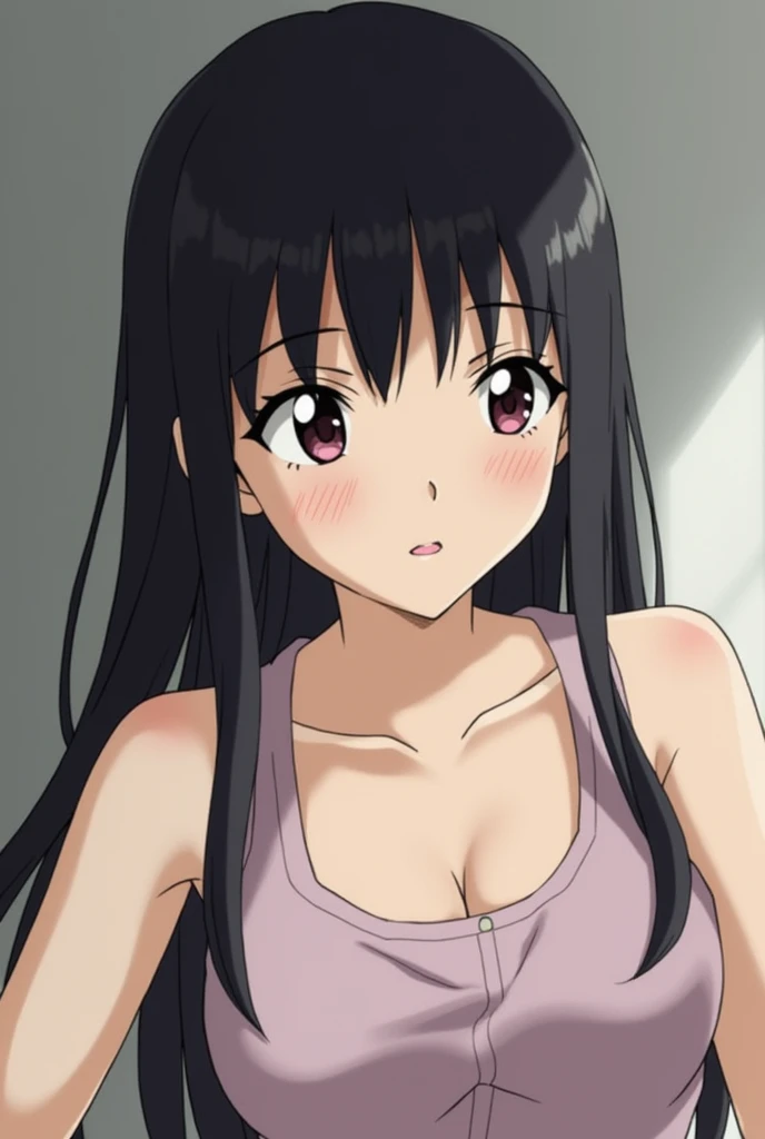 (masutepiece, Best Quality, High resolution, anime colours, megami magazine:1.2, anime poster style, anime keyvisual, sharp, 8k, photorealistic), (beautiful eyes:1.5, beautiful face), Kotegawa Yui, 1girl, solo, Cute, (Long Black Hair), (sagging large breasts:1.5), (loose camisole, no bra), (cleavage:1.5), (bent over, leaning forward, cowboy shot), (Perfect detailed Anatomy, beautiful detailed hair, perfect detailed body:1.2, shiny skin), (thick outline, Beautiful outlines, black outlines), simple background,