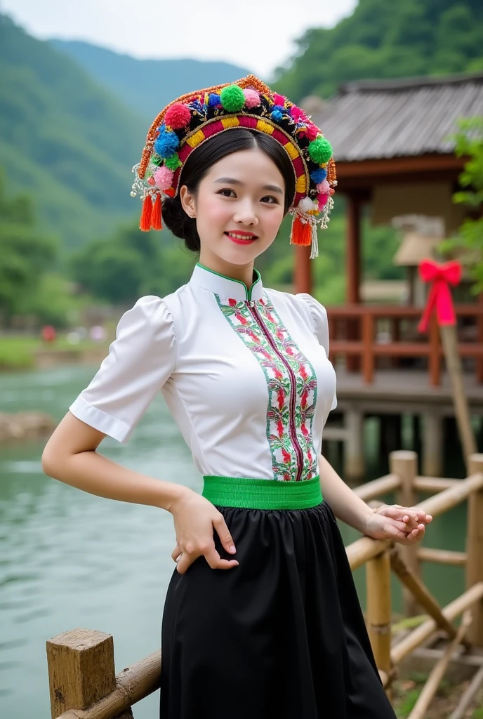 ctai, dantocthaitrang,A young woman dressed in traditional Vietnamese ethnic Thai costume poses outdoors near a peaceful river with a wooden water wheel and a backdrop of lush green hills. She is dressed in a vibrant outfit with a colorful, intricately patterned headdress decorated with tassels and pom-poms, a white embroidered blouse and a black skirt with a green elastic waistband. The vibrant backdrop with natural beauty, including bamboo structures and red decorations on nearby trees, gives the scene a lively and cultural atmosphere
