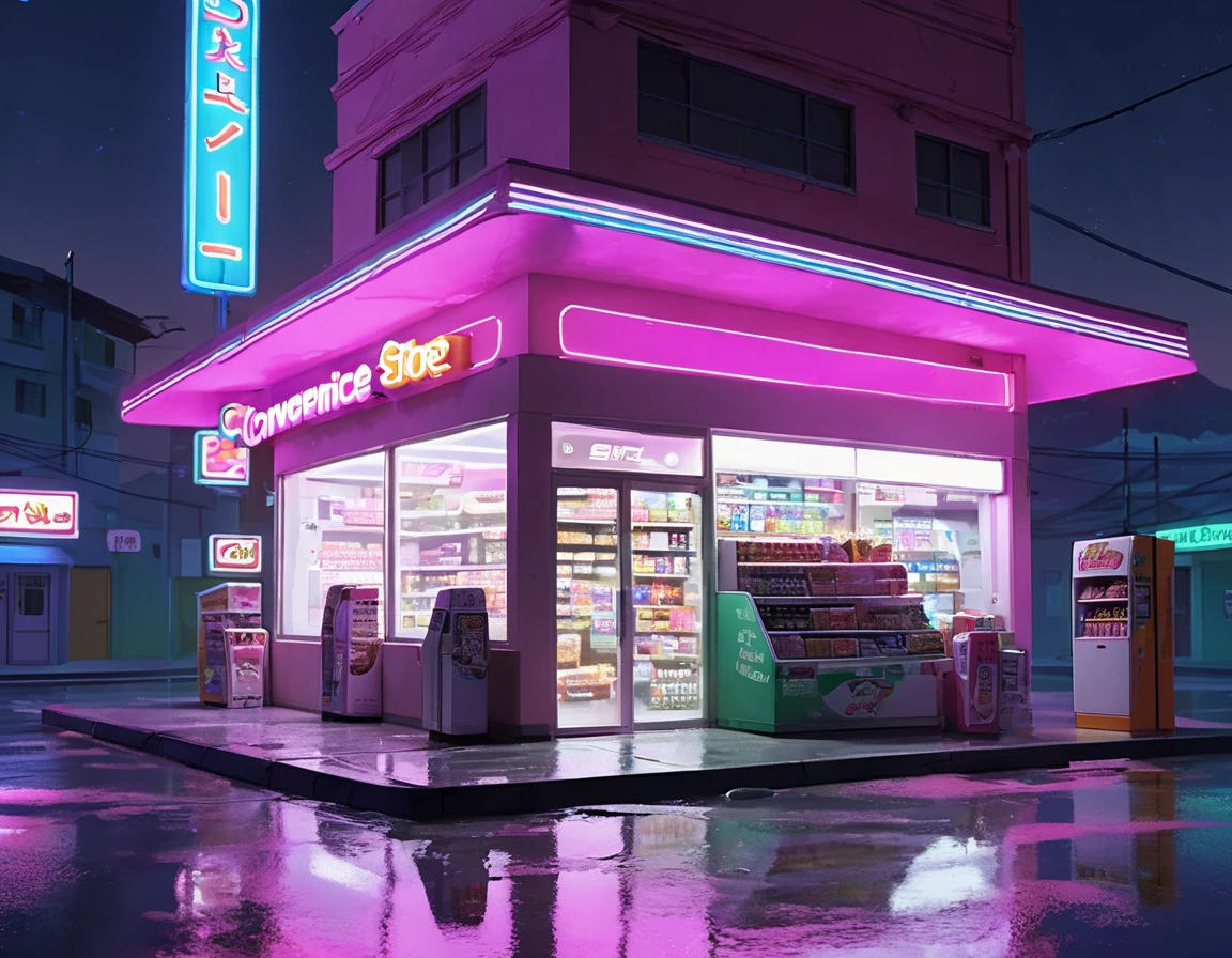  general shot , (( giant late-night convenience store in another world, Another Planet, Futuristic,  aliens buy : 1.5)), (town, Midnight Street, wind: 1.3,  flying paper : 1.3, Puddle on the road:1.3, parking, (( signs with text , " 24-hour store "  neon magenta :1.3)), Street Lighting , Heavy Rain, A dark and cold night :1.3), masterpiece, hyper realistic,  extremely detailed and defined ,  award-winning images , Beautiful photos, CG K: 1.4, 8k