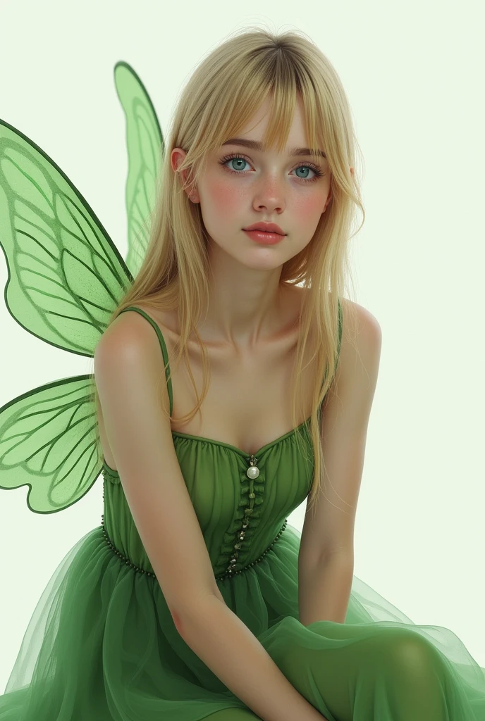 A sad 18 year old woman wearing a green fairy costume with white wings standing on a hard wood floor shot from above as she looks at the camera. Kong blonde hair