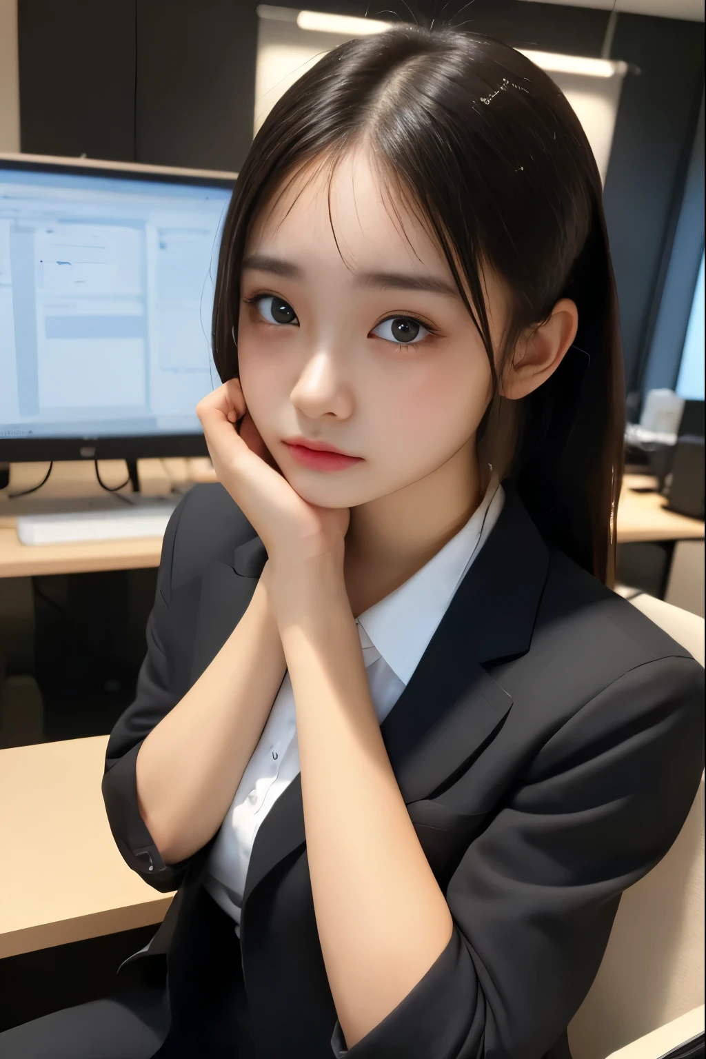  a young Japanese woman in her early 20s 、 in front of a MacBook laptop placed on a desk in a modern office room in a high-rise building、 sitting in an office chair。 formal attire with a black suit and mini skirt 、 she looks up with a crying expression 、Holding her head with both hands 、 looks irritated and anxious 。The office is large 々As a result、 natural light shines through a large window 。
 best quality, masterpiece,  ultra high resolution, （reality：1.4）,  original photo,  one girl who is at ease,  mature, Film lighting,  mature,  pretty girl, Super cute 
(とてもキュートな pretty girl, （Very cute face：1.2）, （Big attractive eyes、 bright like a crystal ）,  amazing、Beautiful narrow eyes、Fine double eyelids, （smile）, （Actual Photos：1.2）, （Beautiful Bangs、Beautiful long black hair ：1.2）,  colorful background,  HD background 
 Extremely delicate and beautiful 、masterpiece、(((  best quality、Very beautiful 8K CG wallpaper)),), sad expression 、She's crying a lot with tears , hair tied up later and made into a ponytail,Beautiful and white skin,Very beautiful thin arms ,The jacket is a black jacket,Long sleeve top,The area from the upper arm to the wrist is thin,とても sad expression ,