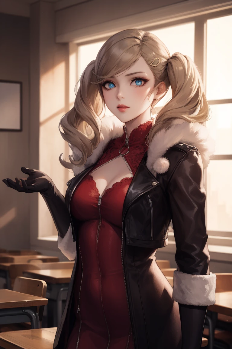 anntakamaki, anne takamaki, blonde hair, blue eyes, hair ornament, hairclip, long hair, swept bangs, twintails, wavy hair,
BREAK black gloves, elbow gloves, fur trim, dress, coat, High contrast,
BREAK looking at viewer,
BREAK indoors, classroom,
BREAK (masterpiece:1.2), best quality, high resolution, unity 8k wallpaper, (illustration:0.8), (beautiful detailed eyes:1.6), extremely detailed face, perfect lighting, extremely detailed CG, (perfect hands, perfect anatomy),