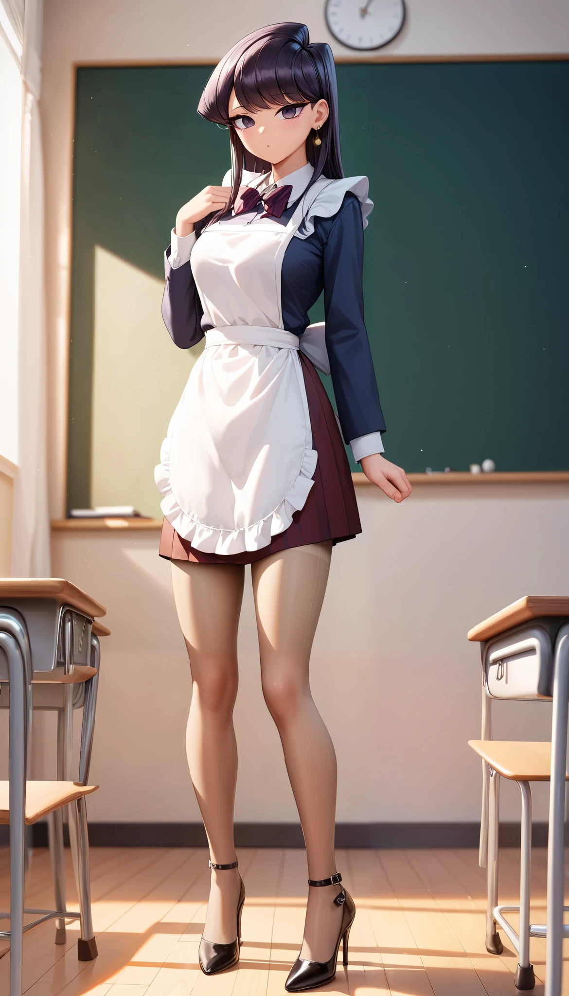 (Perfect Anatomy), Masterpiece, Ultra High Quality, 8k, masterpiece, Highest quality, Ultra-high resolution, Maximum resolution, Very detailed, Professional Lighting, anime, young female, 1 japanese 1 female, Komi Shuuko, thin teen, so beautiful, Highly detailed eye, Highly detailed face, Golden earrings, Ink Hair, Grey eyes, Straight bangs, full body, standing, (wearing a (brown short dress long sleeves with lace white apron)), short brown dress, (classroom indoors theme), (tan pantyhose), (high heels), show her wet inner thighs