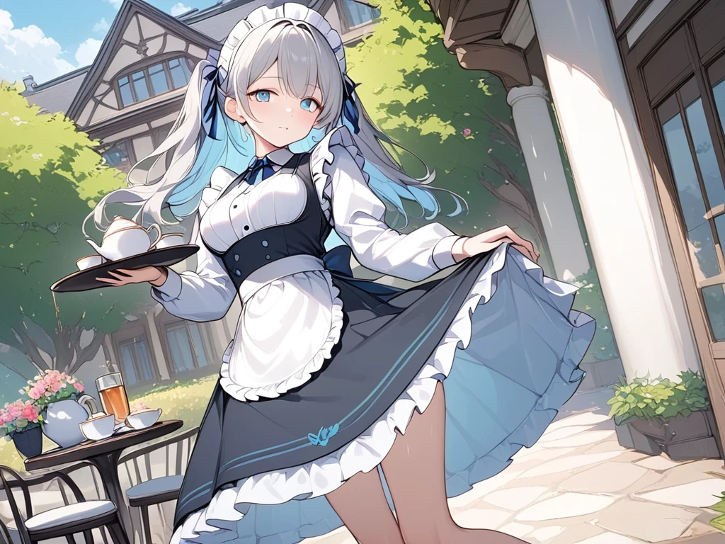 ( adult woman),(最High image quality, 8k, masterpiece:1.3), (24 years old:1.5), ( gray hair ), ( semi-long),  ( good style、Full body shot、Fair skin、 maid outfit 、 Long Sleeve 、blue beautiful eyes 、 long lashes、Waiter、Elegant、 long skirt、Western-style building、garden、Pour in the tea)), ([Ultra Clear:1.5), ( shiny skin:1.1),(Pale skin:1.1),High image quality、 clear contours、