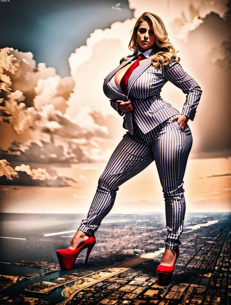 A stylish woman in a light grey pinstripe pant suit, white shirt, and a large wide  striped necktie in a windsor knot, with a beautiful, curvaceous figure, massive breasts, and long blonde wavy hair, with a curvaceous figure and massive breasts. wearing red rounded platform high heels with uncovered feet and standing, rampage-like pose, with a cityscape background of mega-city, partially obscured by a hazy, cloudy atmosphere. The image is a high-resolution, masterpiece-quality, cinematic, ultra-detailed, and hyper-photorealistic photograph, with perfect hands, face, and lighting. ultra-detailed, 8K, photo-realistic, hyper-realistic, masterpiece, intricate details, full body view. Looking at camera, The image is a high-resolution, masterpiece-quality, cinematic, ultra-detailed, and hyper-photorealistic photograph, with perfect hands, face, and lighting. ultra-detailed, 8K, photo-realistic, hyper-realistic, masterpiece, intricate details, full body view