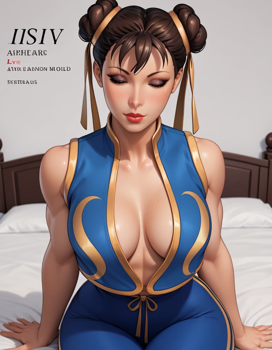 Front cover of a women's cooking magazine, text, diagrams, advertisements, magazine title,1Girl,CHUN LI FROM GAME STREET FIGHTER,HER EYES CLOSED,BLUE PAJAMAS,LAY ON BED,ANIME STYLE ART, Anatomically correct, Beautiful face, Perfect face, Highly detailed beautiful face and eyes, Attractive face, Detailed face, Delicate facial features, Detailed skin, MEDIUM breasts, Sensual, Elegant, Glamor, Bitch, Slut, Whore, Voluptuous, Seductive, Glamor, Love handle, SLIM BODY, 