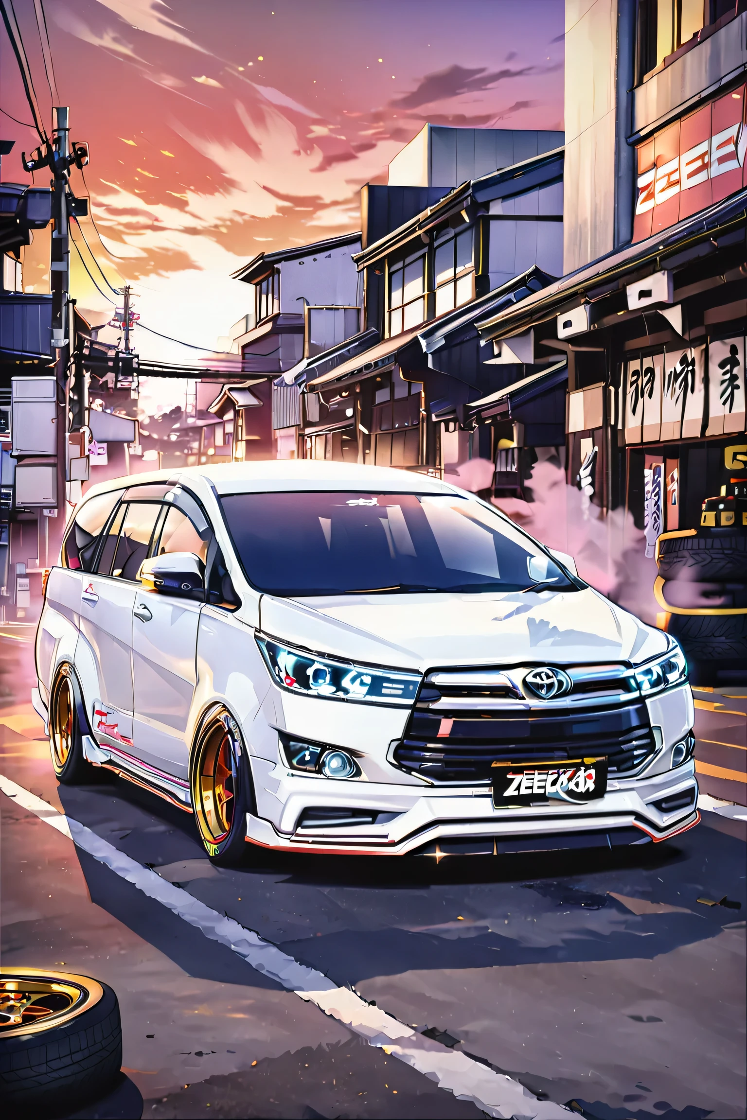 realistic, white Toyota Innova Reborn TRD,cinematic,
cyberpunk (((retro zeekars))) (with glowing rims), glowing eyes, drift,smoke tires, sunset in japan, two tone color