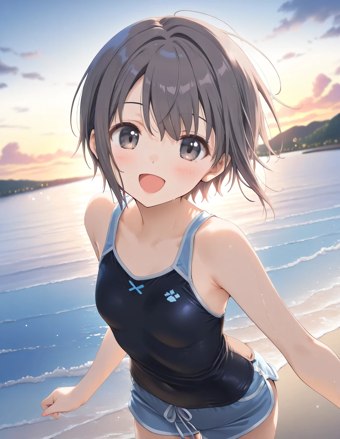 1girl, otokura_yuuki, little female, short hair, black hair, black eyes, beautiful detailed eyes, small breasts, shorts, open mouth, sweat, outdoors, wind, game CG break,((artist:shida_kazuhiro)),(artist:mitsumi_misato),(artist:fujiyama),,(masterpiece), (best quality), (ultra-detailed), very aesthetic, newest, beauty illustration,super detailed skin,  (masterpiece), (best quality), (ultra-detailed), very aesthetic lighting,hi res,absurd_res,2023,2024,(shaded),digital media (artwork), realistic lighting, 4k, 8k,photoshop_(medium),,best anime 8k konachan wallpaper, pixiv contest winner