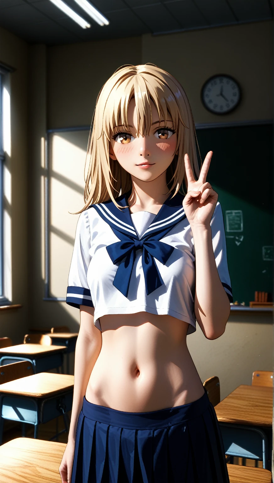 ultra realistic photo, raw photo, Realism, 3D rendering, Unity Engine, holographic、Ijichi Nijika , Naked medium breasts, blond_hair, blush, belly button, Alone_focus, flat_chests, long_hair, brown_eyes, school_uniform,  shirt, indoor, classroom, hair_between_eyes, white_sailor_collar, curtain, Summer clothes, cowboy shot, peace sign、