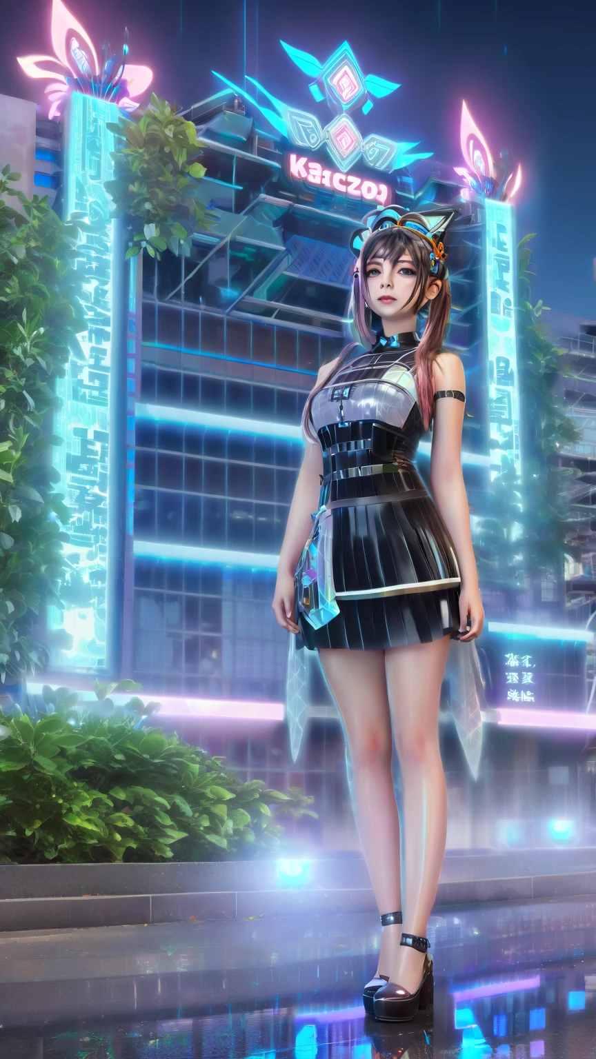 Beautiful girl in a dress and headband standing in front of a building, digital  Cyberpunk Anime Art ,  Digital Cyberpunk - Anime Art , Anime Cyberpunk Art, Cyberpunk anime girl, Cyberpunk anime girl mech, Anime style 4K, Best 4K Anime Wallpapers Konachan,  cyber school girl ,  Cyberpunk Anime Art ,  Portrait of an Anime Space Cadet Girl ,  Future anime girl  , Dreamy Cyberpunk Girl