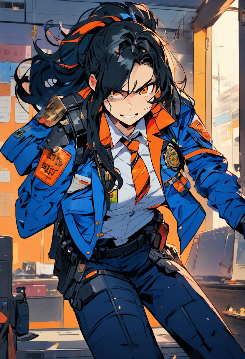 ((masterpiece, best quality by the window)),score_9, score_8_consolation, score_7_consolation, score_6_consolation, score_5_consolation, Juyuan  , dark hair ,streaked hair, Orange eyes , long hair  ponytail, 1 woman, Alone, jacket, tie, chest, gloves, police,  appeared on a white background,  looking at viewers , police Uniform,  ponytail, pants, Uniform, large chest, black gloves, shirt, policewoman, Blue jacket,Does not lock the jacket,shirt, laugh,  happy ,(masterpiece, best quality by the window)), animation style . 8k,  eyes shine,neon, An orange bridge is inserted,1 woman, 하늘색과 연두색이 섞인 tie, flushing, flushing,  Zenless Zone Zero Art Style , 연두색 tie, tie 아래 부분이 검은 방탄복으로 가려짐,연두색 tie, Thigh, flushing,laugh,