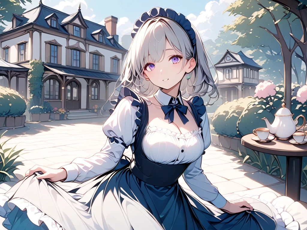 ( adult woman),(最High image quality, 8k, masterpiece:1.3), (24 years old:1.5), ( gray hair ), ( semi-long),  ( good style、Full body shot、Fair skin、 maid outfit 、 Long Sleeve 、Sophisticated, beautiful eyes、 long lashes、Waiter、Elegant、 long skirt、Western-style building、garden、Pour in the tea)), ([Ultra Clear:1.5), ( shiny skin:1.1),(Pale skin:1.1),High image quality、 clear contours、