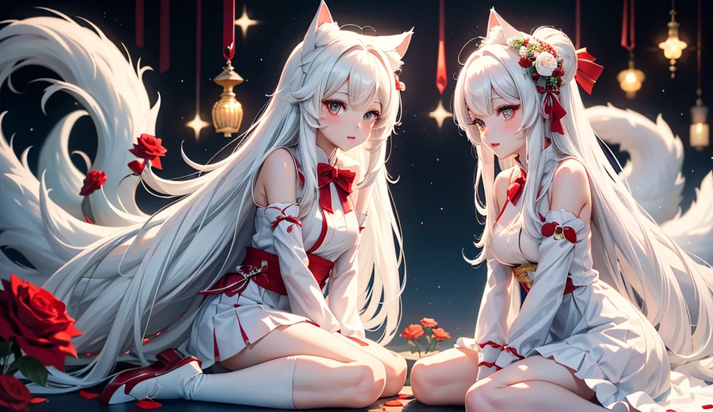 Two beautiful brides, kemono, furry, very detailed body fur, Cute white caravan with white and red roses, diamonds, lots of fairy lights, bunting, balloons, pretty, beautiful, vivid colors, Intricate, Highly detailed, Warm lighting, Sharp focus, beautiful starry sky, perfect composition, extreme camera angle,