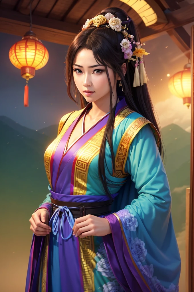 Han Dynasty Landscape、Three Kingdoms、( best quality,4K,8k, high definition ,masterpiece:1.2)、 Very detailed,  high definition ,、Hyper HD、 studio lighting、Ultra-fine painting、  sharp focus while outdoors、  physical based rendering、  Very detailed説明、 professional、  vibrant colors、Traditional Chinese Painting Techniques、  atmospheric lighting 、  Brilliant Color Contrasts、 Very detailed目と顔、  Beautiful Attention to Details、  light shines on the face、Hanfuを着た少女、(Hanfu: 1.1)、Eye color is green、Dark Eyes、((( 1 girl)))、 is anatomically correct