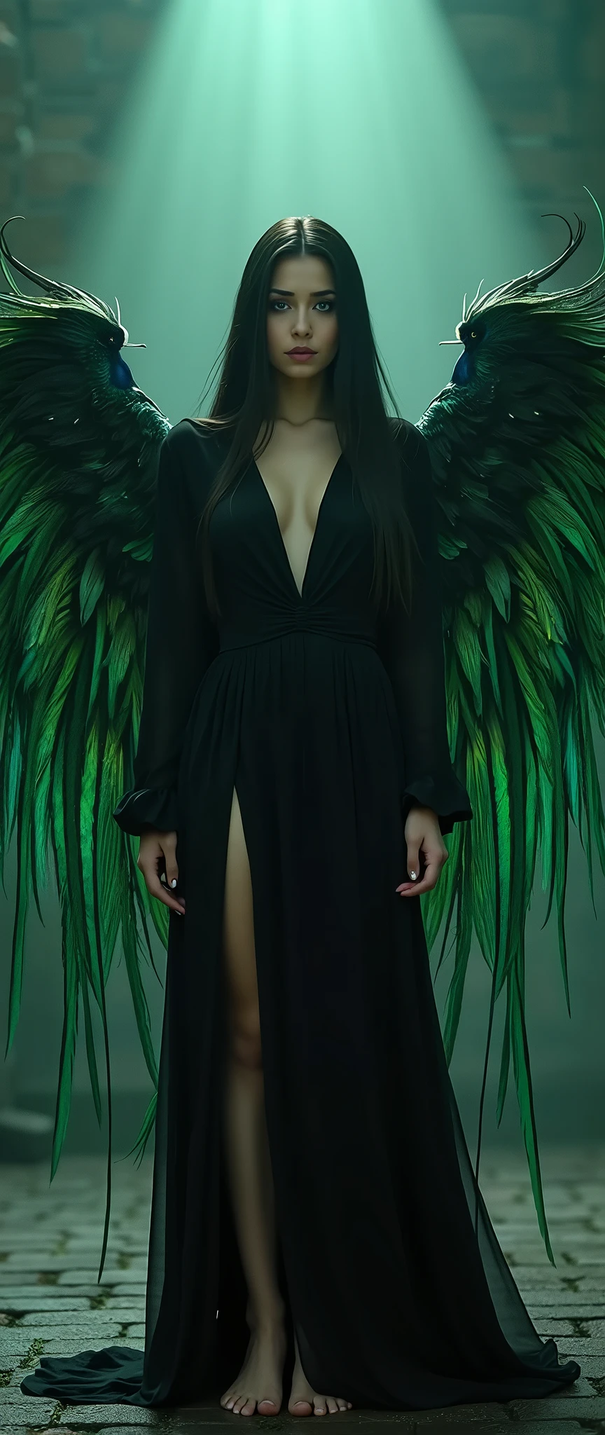 Hyperealism cinematic film still 8k highly detailed and realistic . In a mystic setting, taking style of Lilith, in the more subtle way, featuring a women, full body of chinese, green hair, front view, green dress with black feathered wings, outer ambience with dark light settings
