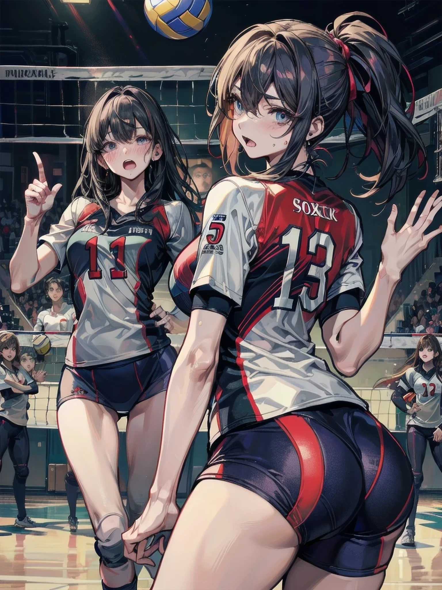 highest quality、Nice sexy body、One Woman、(solo)、((Beautiful busty woman:1.6))、(((Woman with dark red hair:1.3)))、Long hair woman、Female volleyball player、(((A woman wearing a volleyball uniform:1.3)))、A woman wearing a volleyball uniform shirt、A woman wearing a volleyball uniform bloomer