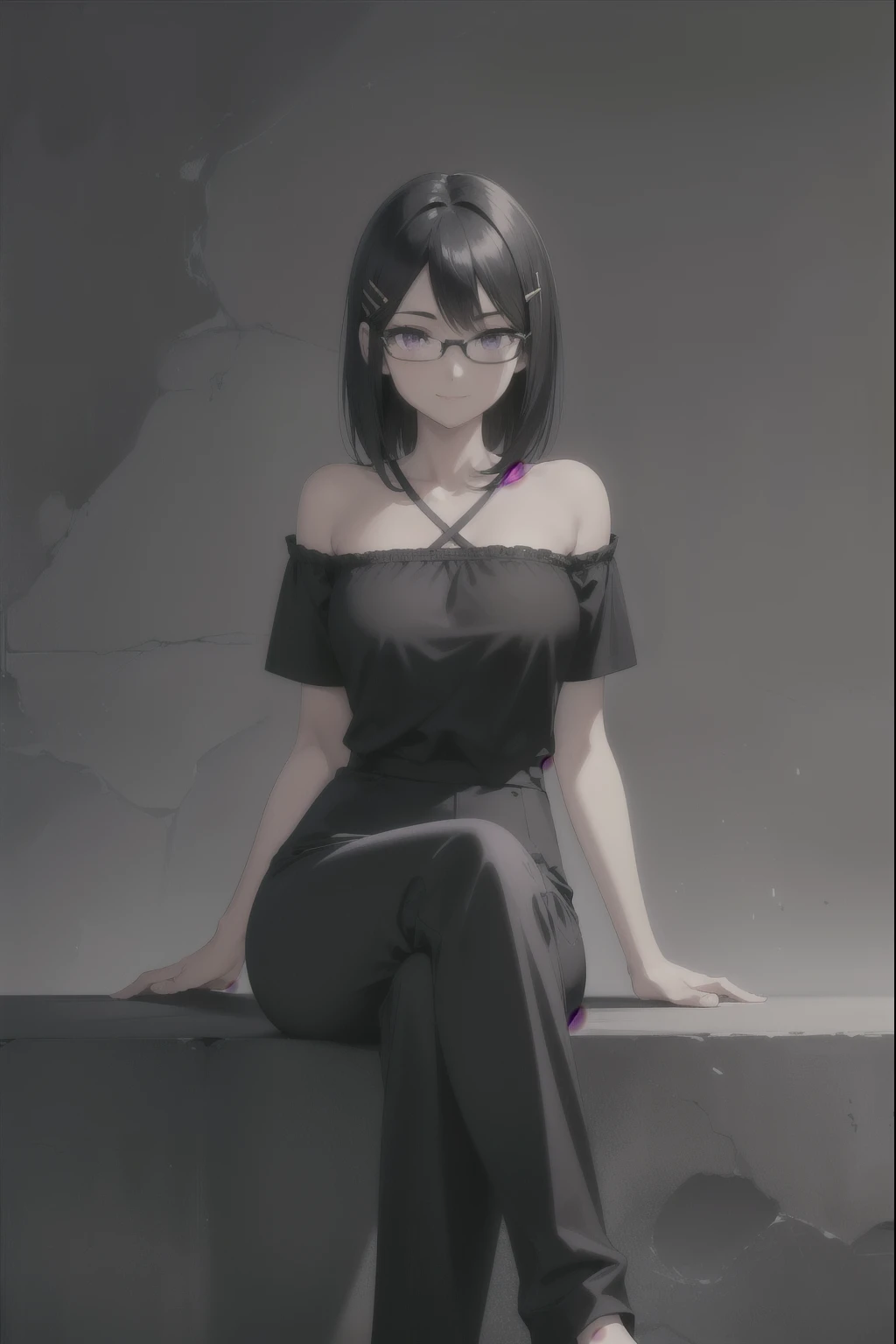 sounasitri, souna sitri,  short hair,  black hair ,  hair ornament , glasses, hairclip, blows, blunt blows, ( purple eyes:1.1),
( masterpiece:1.2),  pants The best quality,  High resolution, 8K Wallpaper, ( illustration:0.8), ( detailed eyes and beautiful :1.6),  extremely detailed faces,  Perfect lighting ,  wallpaper cg , (manos perfectas,  perfect anatomy),  masterpiece ,  pants The best quality, highres, aajusticia , long hair,  black hair,  dark skin, tan,  bare shoulders ,  black dress,  session,  crossed legs , smile irónica, smile, In anime style　 black hair  corto　Beautiful girl　１２Age　Copa F　 White T-shirt 　nothing good　searching for　 top view 　One person&#39;S