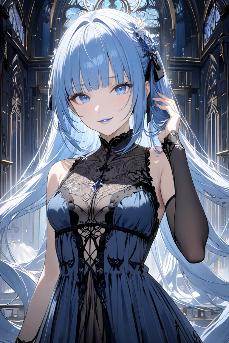 （（（masterpiece、Highest image quality、highest quality、highly detailed unity 8ｋwallpaper）））、（（Illustration of one girl、upper body））、（（（beautiful girl）））、（librarian）、blue hair、stocky build, thickset physique：1.3, broad shoulders, solid chest、（（（flat chest）））、librarian服