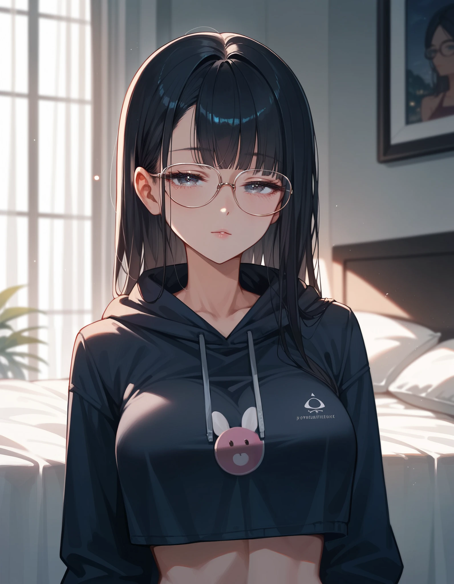 plastic frame eyewear、( mouth mask:1.1), masterpiece、Highest quality、 ,BREAK (25-year-old woman) and (brown hair) and (low ponytail) and (orange eyes) BREAK、black polo shirt、Are standing、The background is the office、The upper body is shown、Alone、