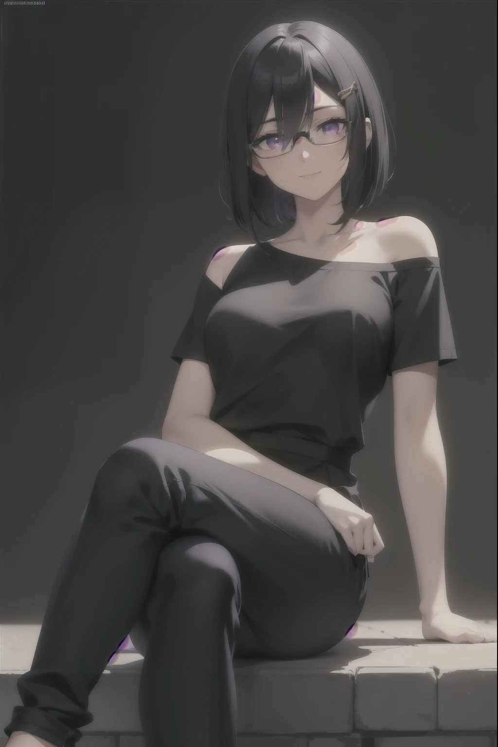 sounasitri, souna sitri,  short hair,  black hair ,  hair ornament , glasses, hairclip, blows, blunt blows, ( purple eyes:1.1),
( masterpiece:1.2),  pants The best quality,  High resolution, 8K Wallpaper, ( illustration:0.8), ( detailed eyes and beautiful :1.6),  extremely detailed faces,  Perfect lighting ,  wallpaper cg , (manos perfectas,  perfect anatomy),  masterpiece ,  pants The best quality, highres, aajusticia , long hair,  black hair,  dark skin, tan,  bare shoulders ,  black dress,  session,  crossed legs , smile irónica, smile, In anime style　 black hair  corto　Beautiful girl　１２Age　Copa F　 White T-shirt 　nothing good　searching for　 top view 　One person&#39;S