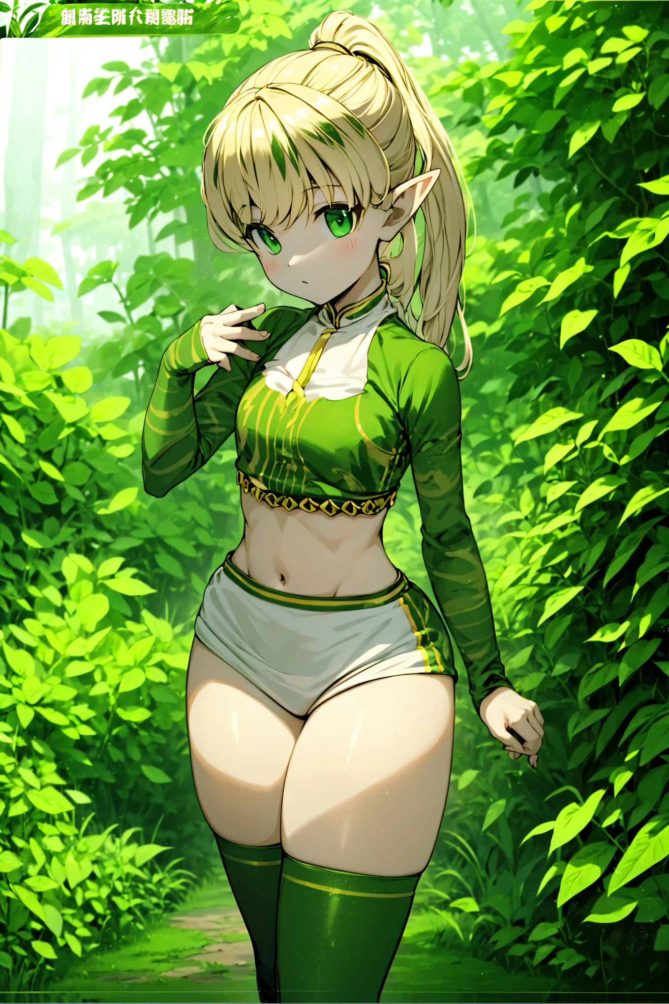 Elf女孩，Pointed ears， blond hair ，Long blond hair， gold single ponytail hairstyle， green clothes，Green crop top，Green strap handguard ，黑丝Over the knee socks，Elf猎人， Forest Background ，Woods background，Jungle Background， Forest Background ，Low saturation style，blond，blond，blond，blond，blond，blond，Thin waist and wide hips，Elf，Meat Leg，Fleshy thighs，Over the knee socks，Over the knee socks，白色Over the knee socks，白色Over the knee socks，白丝Over the knee socks，白丝Over the knee socks