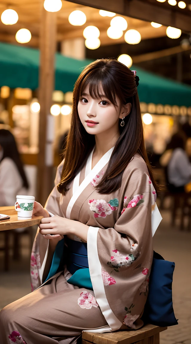 (((1人のwoman))),8k, masterpiece,  super detailed,  High Quality , 最 High Quality ,  high definition ,woman,( full body photo), Movie Lighting, Three Girls Seated in the Correct Position ,(( beautiful woman wearing a kimono at the fair)),,Mr.々Kimono with a pattern , light brown hair straight bangs at Starbucks,, 肩よりLong Hair, Long Hair,  slender figure, Delicate lips,  beautiful eyes, The eyes are light brown,  Perfect Skin,(Realistic:1.3),((Festivals))