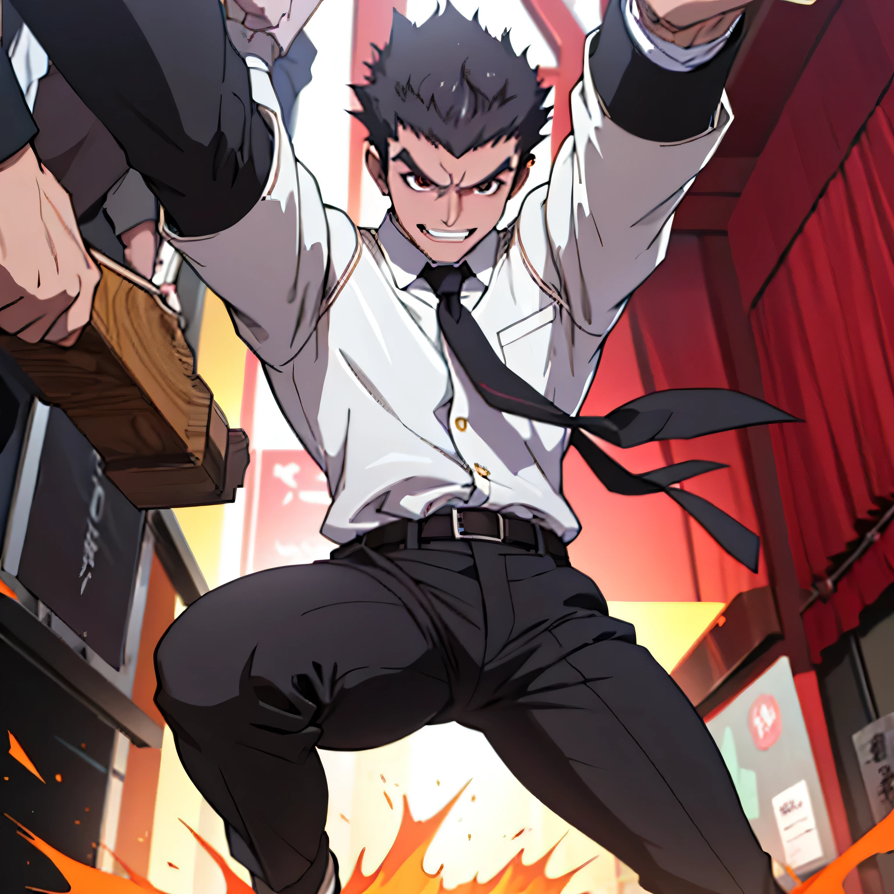 Age 25,, simple black suit、 white shirt、 Maroon Necktie,  black slim pants  ,cool battle pose、Spread your legs wider,black belt,Black socks,Black leather shoes,logic, Gay , black hair, short hair on the side of the uniform, thick eyebrows, Lightly Set Your Hair with Wax 、Masculine,salaryman,Mob characters,Bad Actor , Erotic 3D Finish ,、View from below　The villain's smile　 face up　Maroon Neckties 