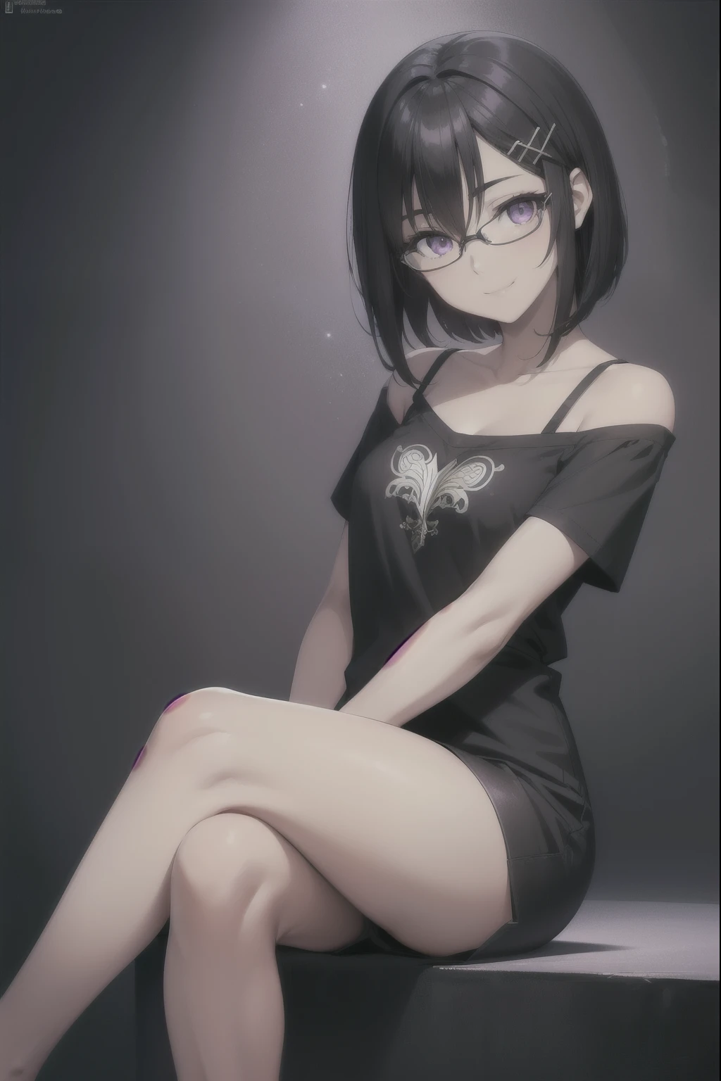 sounasitri, souna sitri,  short hair,  black hair ,  hair ornament , glasses, hairclip, blows, blunt blows, ( purple eyes:1.1),
( masterpiece:1.2),  pants The best quality,  High resolution, 8K Wallpaper, ( illustration:0.8), ( detailed eyes and beautiful :1.6),  extremely detailed faces,  Perfect lighting ,  wallpaper cg , (manos perfectas,  perfect anatomy),  masterpiece ,  pants The best quality, highres, aajusticia , long hair,  black hair,  dark skin, tan,  bare shoulders ,  black dress,  session,  crossed legs , smile irónica, smile, In anime style　 black hair  corto　Beautiful girl　１２Age　Copa F　 White T-shirt 　nothing good　searching for　 top view 　One person&#39;S